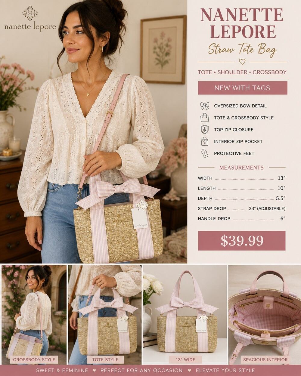 🆕Nanette Lepore Straw Woven Gingham Tote Pink Bow Stripe Handles Detachable